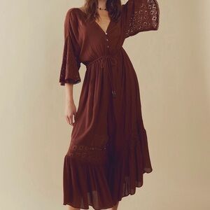 Free People Women’s Black Boho Midi Jumpsuit with Lace Sleeves